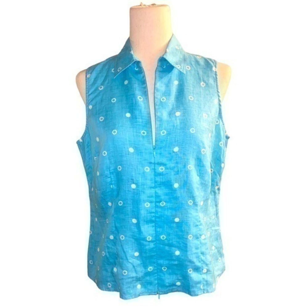 Liz Claiborne Women's Blue Polka Dot Sleeveless Linen Top